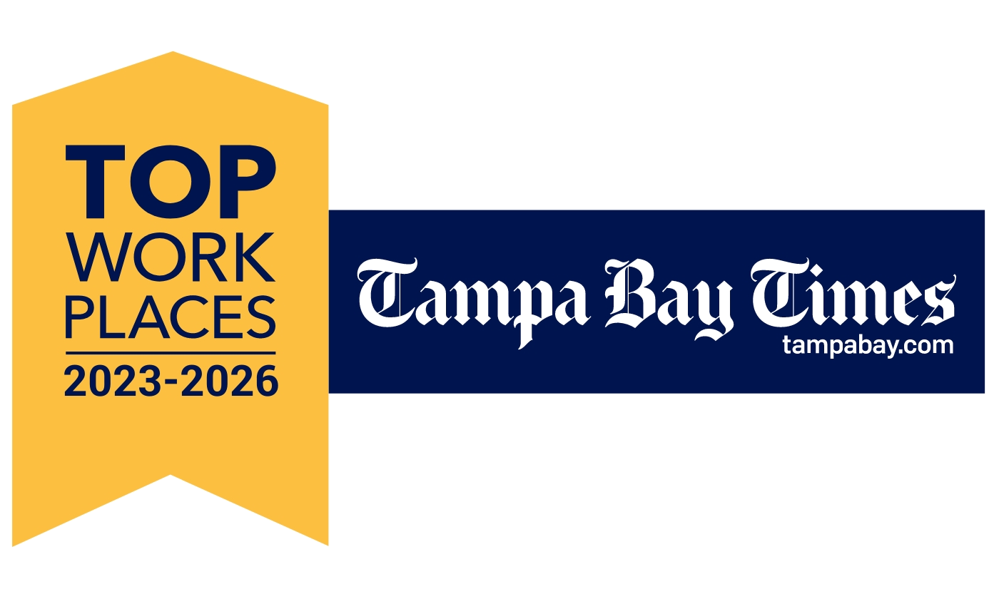 A yellow banner reads "Top Work Places 2023-2026" next to a blue rectangle with the "Tampa Bay Times" logo and tampabay.com in white text.